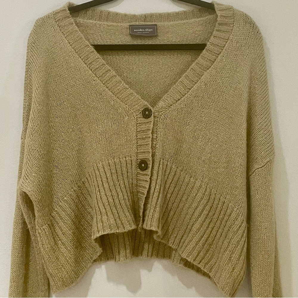 Wooden Ships Mohair Wool Tan Cropped Grandpa Cardigan Sweater - Small / Medium - Picture 2 of 9
